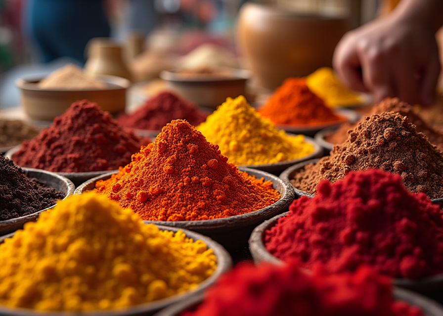 Marché aux épices traditionnel avec épices colorées dans des bols